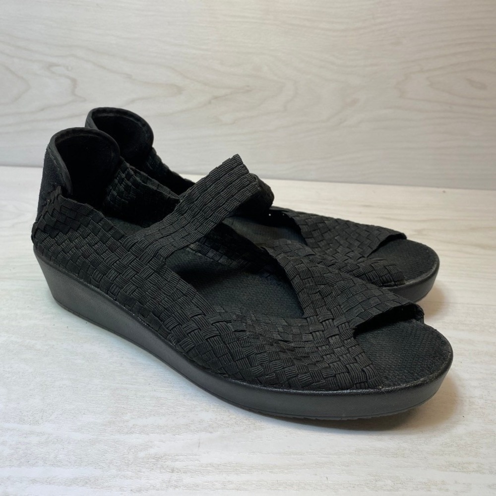 Bernie Mev Womens Sz 9 40 Sandals Mary Jane Black Elastic Wedge Open Toe Casual
